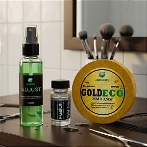 Kit Fixação Total - Fita Adesiva Goldeco 25m x 3,5cm + Cola Fusion Bond 40ml + Removedor Adjust 120ml