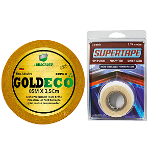 Kit De Manutenção Fita Adesiva Gold Eco 5 metros x 3,5 cm + Fita Adesiva Super Tape 3 metros x 2,5cm Protese Capilar Silicone Hibrida , Peruca , Aplique Hair , BHS