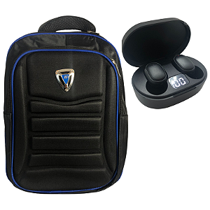 Kit Mochila Unissex Com Compartimento Para Notebook Ideal Para Trabalho Faculdade Viagens Cor Azul/Preta + Fone Bluetooth 5.0 Sem Fio