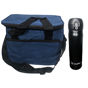 Kit - Bolsa Térmica Tecido (Azul) 10L (P) Com Zíper E Bolso Frontal + Garrafa Térmica Aço Inox 500ml Com Trava de Segurança Para Bebidas Quentes e Geladas