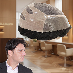 Prótese Capilar Masculina Transpirável Castanho Escuro 80% Grisalho 20X25cm 120% Densidade