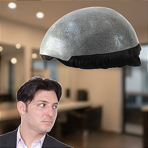 Prótese Capilar Masculina Micropele Efeito Natural #1B50 Castanho Escuro 50% Grisalho 20x25 cm 110% Densidade