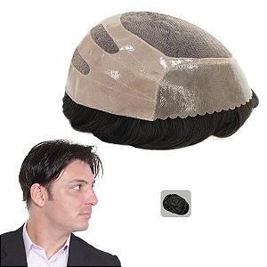 Prótese Capilar Parcial Base Híbrida Castanho Escuro 30% Fios Grisalhos 20X25cm