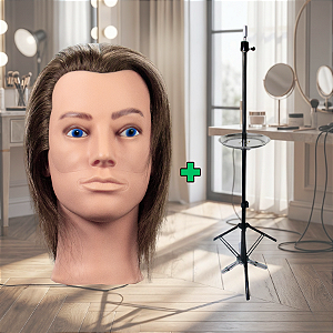 Kit Treino - Manequim Cabeça Sem Barba P/ Treino Ou Exposição Cabelo Humano + Tripé Suporte Para Cabeça Com Bandeja