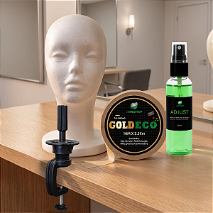 Kit Primeiros Passos - Cabeça de isopor + Suporte de mesa + Fita Gold Eco 10m x 2,5cm + Removedor Adjust 60 ml
