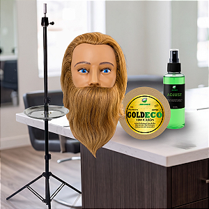 Kit Avançado - Fita Capilar Adesiva Gold Eco 10m X 3,5cm + Removedor Adjust 100ml + Tripé Suporte C/ Bandeja + Manequim Cabeça C/ Barba