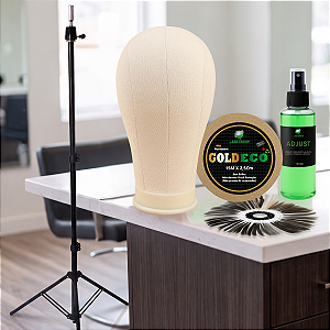 Kit Avançado - Fita Capilar Adesiva Gold Eco 15m X 2,5cm + Removedor Adjust 120ml + Manequim Cabeça De Pano + Tripé Suporte S/ Bandeja + Anel De Cores