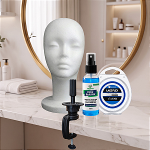 Kit Primeiros Passos - Fita Adesiva Lace Flex 3m X 2,5cm + Removedor Easy Release 60ml + Manequim Cabeça Feminina De Isopor + Suporte De Mesa