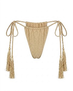 Calcinha de Biquíni Dourada com Amarração e Tassel
