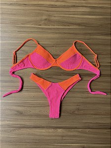 Biquíni Meia Taça Canelado Laranja e Pink