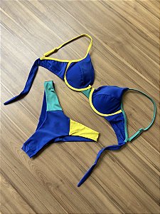 Biquíni Brasil Bicolor Azul com Detalhes Verde e Amarelo