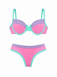 Biquíni Meia Taça Color Block Rosa Verde e Lilás