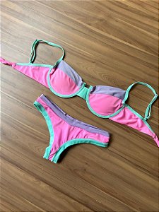 Biquíni Meia Taça Color Block Rosa Verde e Lilás