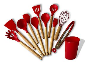 Kit Utensílios de Silicone 12 Peças Cabo em Bambu Vermelho