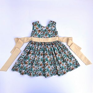 Vestido Vitória florido cavado e decote nas costa e cinto bege