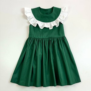 VESTIDO VITÓRIA VERDE MILITAR CAVADO E BABADO BRANCO NA PALA