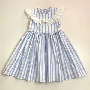 VESTIDO VITÓRIA BRANCO COM LISTRA AZUL CAVADO E BABADO BRANCO NA PALA