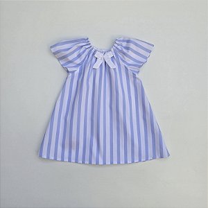 VESTIDO CAROL BRANCO COM LISTRA AZUL E LAÇO BRANCO