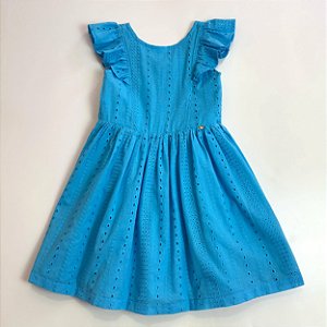 VESTIDO DE LAISE COM RECORTE E BABADO E CINTO - AZUL
