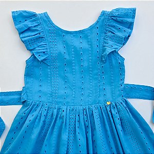 VESTIDO DE LAISE COM RECORTE E BABADO E CINTO - AZUL