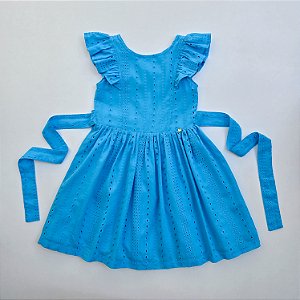VESTIDO DE LAISE COM RECORTE E BABADO E CINTO - AZUL
