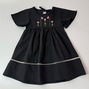 VESTIDOS LUANA LINHO MANGA CURTA BORDADO CORPINHO - PRETO
