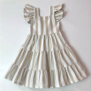 VESTIDOS PÉROLA - LISTRADO BEJE MANGA BABADO E 3 MARIAS