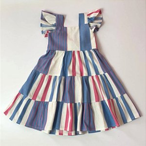VESTIDOS PÉROLA - LISTRADO AZUL E ROSA MANGA BABADO E 3 MARIAS