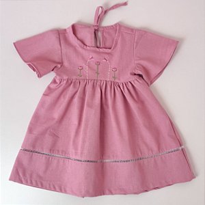 VESTIDOS LUANA LINHO MANGA CURTA BORDADO CORPINHO - ROSE
