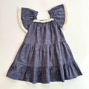 VESTIDO FRANZIDO INDIGO DUAS MARIAS DECOTE QUADRADO RENDAS AZUL ESCURO