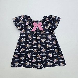 VESTIDO CAROL AZUL MARINHO E ESTAMPAS DE BONECAS E LAÇO ROSA