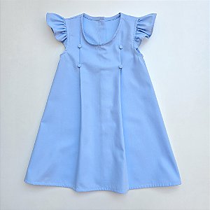 VESTIDO LARA AZUL BEBE PREGAS NA FRENTE E MANGA FRU-FRU