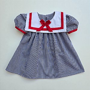 VESTIDO VITÓRIA XADREZ AZUL MARINHO GOLA MARINHEIRO BRANCA DETALHE VERMELHO