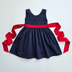 VESTIDO VITÓRIA AZUL MARINHO DECOTE NAS COSTA E CINTO VERMELHO