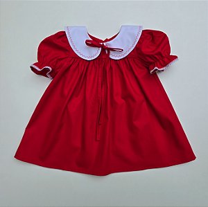 VESTIDO GIGI VERMELHO E GOLA BONECA BRANCA E BORDADO VERMELHO