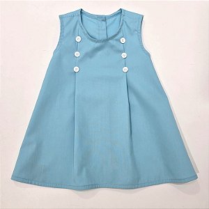 VESTIDO LARA AZUL TIFFANY COM PREGAS NA FRENTE E BOTÕES BRANCO