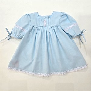 VESTIDO GIGI AZUL BEBÊ COM RENDA NA PALA E MANGA 3/4