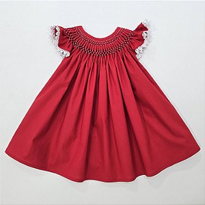VESTIDO CASINHA DE ABELHA VERMELHO BORDADO BRANCO E RENDA NA MANGA BRANCA