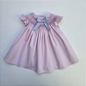VESTIDO CASINHA DE ABELHA ROSA BEBE COM BORDADOS AZUL