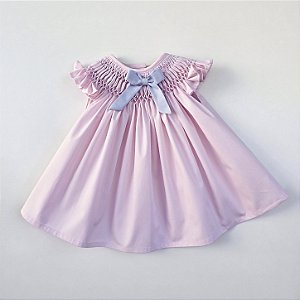 VESTIDO CASINHA DE ABELHA ROSA BEBE COM BORDADOS AZUL