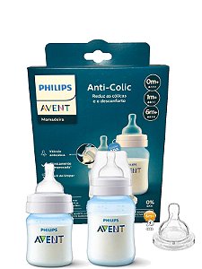 Kit Mamadeiras Anticólica Azul 125ml/260ml Avent + Bico 4 Clássico