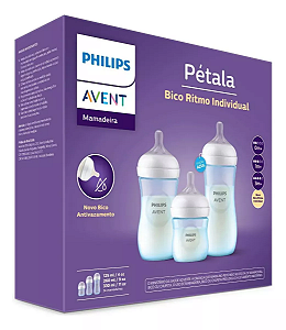 Kit 3un Mamadeira Avent Philips Pétala 125/260/330 Azul Anticólica