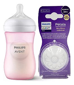 Mamadeira Anticólica Avent Pétala Rosa Menina 260ml + Bico N4 3m 2un