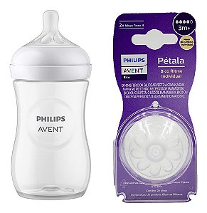 Mamadeira Avent Anticólica Pétala Transparente Nº3 260ml + Bico Nº4 3m+