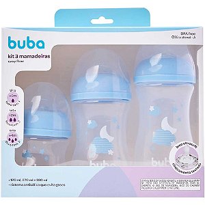 Kit 3 Mamadeiras Buba Easy Flow BPA Free Nuvem Azul 0m+