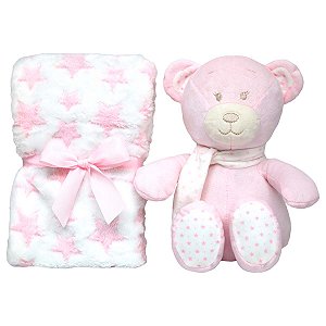 Kit Ursinho Com Mantinha Soninho Buba Rosa Hipoalergênico