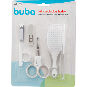 Kit Cuidados Bebê Buba Escova Pente Tesoura Cortador Cinza
