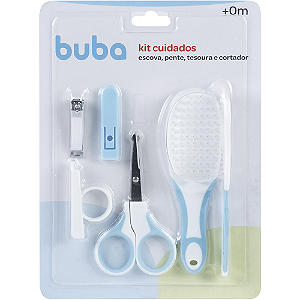 Kit Cuidados Bebê Buba Escova Pente Tesoura Cortador Azul
