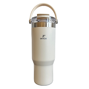 COPO TÉRMICO GRAUZ OFF WHITE 900ml COM TAMPA E CANUDO DOBRÁVEL