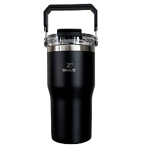 COPO TÉRMICO GRAUZ PRETO 600ml COM TAMPA E CANUDO DOBRÁVEL